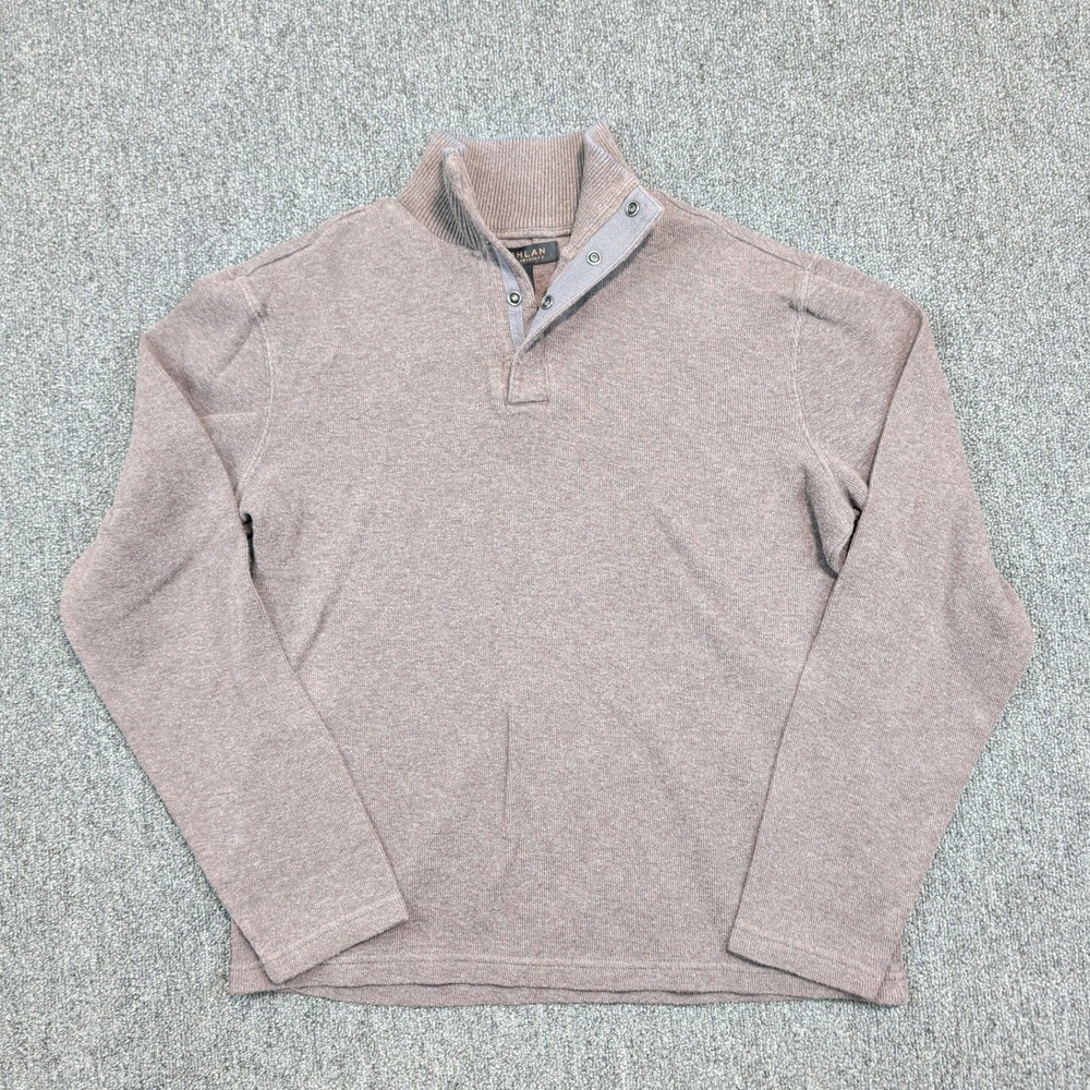 Lachlan Classic Mock Neck Snap Button Sweater Medium Taupe Brown Cotton Knit
